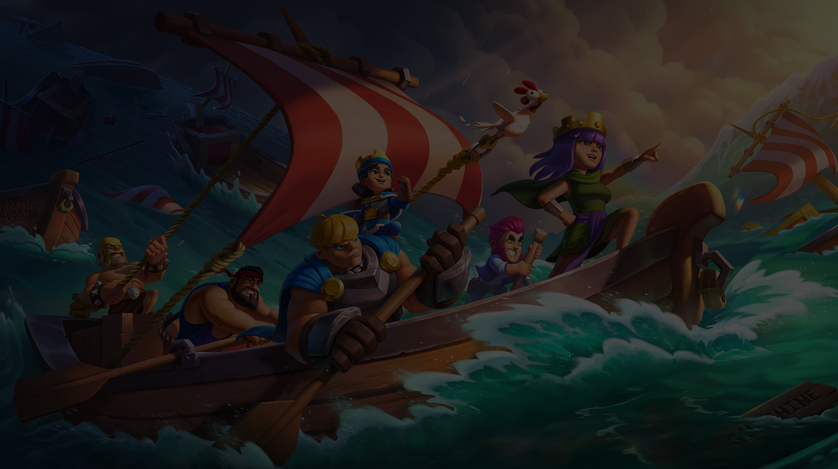 Supercell characters setting sail into a storm